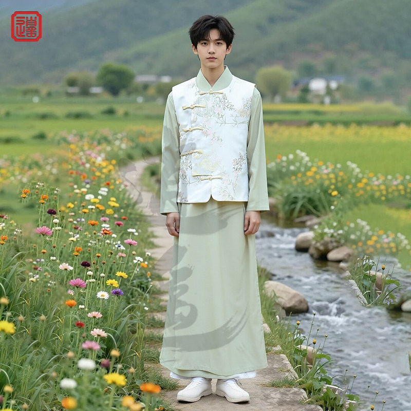 汉服男唐装民国长衫大褂儒雅国风书生国学长袍马褂学生班服改良款