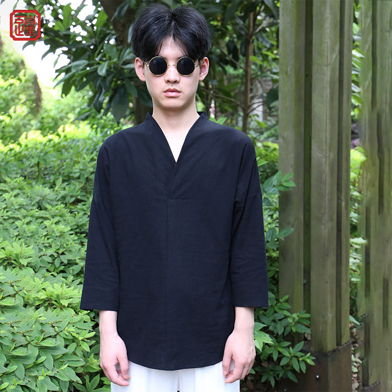 男士夏季短袖T恤棉麻汉服中式