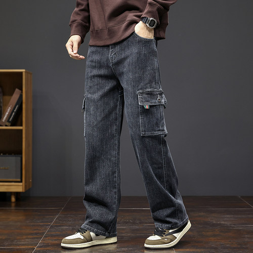秋冬厚款牛仔裤男士弹力宽松直筒多口袋工装休闲多兜大码阔腿长裤