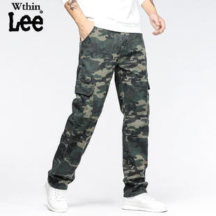 WthinLEE秋冬厚款工装牛仔裤男宽松直筒迷彩色多口袋潮流外贸无弹