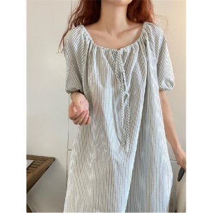 短袖 夏季 STUDIO 宽松家居服薄 简约风系带条纹纯棉睡裙睡衣女款