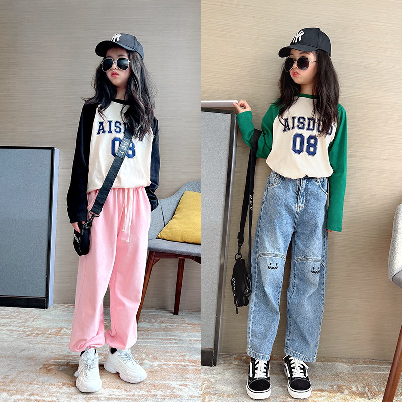 女童长袖T恤春装2026新款韩版中大童时尚宽松百搭撞色拼接打底衫