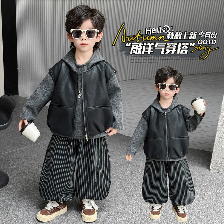 男童秋冬帅气皮衣马甲三件套