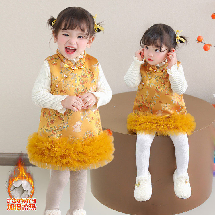 女童中国风加绒旗袍裙冬季宝宝无袖中长款加厚公主裙套装