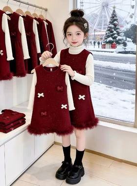 女童红色连衣裙秋冬蝴蝶结装饰加绒厚中大童毛边裙子