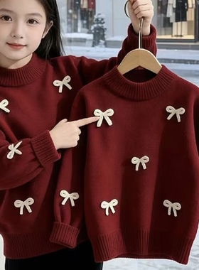 韩版女童红色蝴蝶结毛衣秋冬半高领长袖针织衫打底上衣