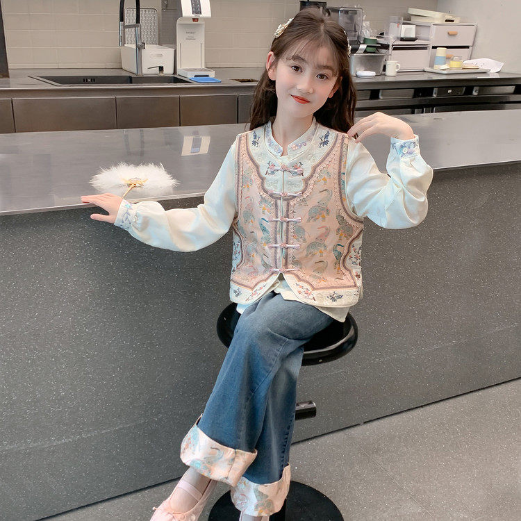 女童新中式汉服套装春季中国风马甲三件套洋气甜美国风