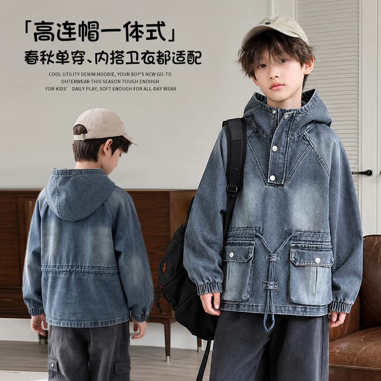 韩版男童连帽拉链牛仔外套春秋