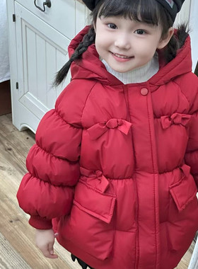 女童红色连帽加厚棉服冬季保暖蝴蝶结外套韩版潮