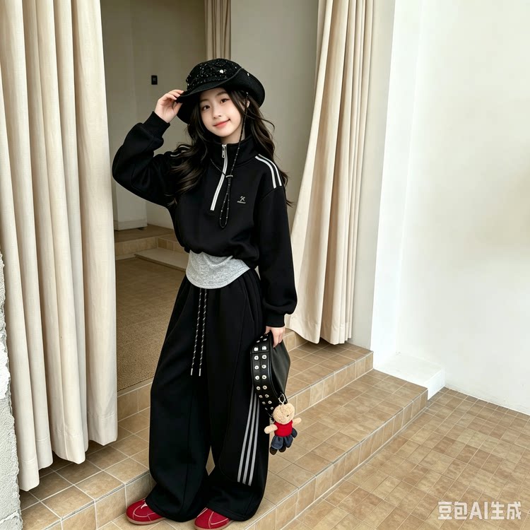 女童秋季休闲运动风半拉链卫衣三件套洋气阔腿裤套装