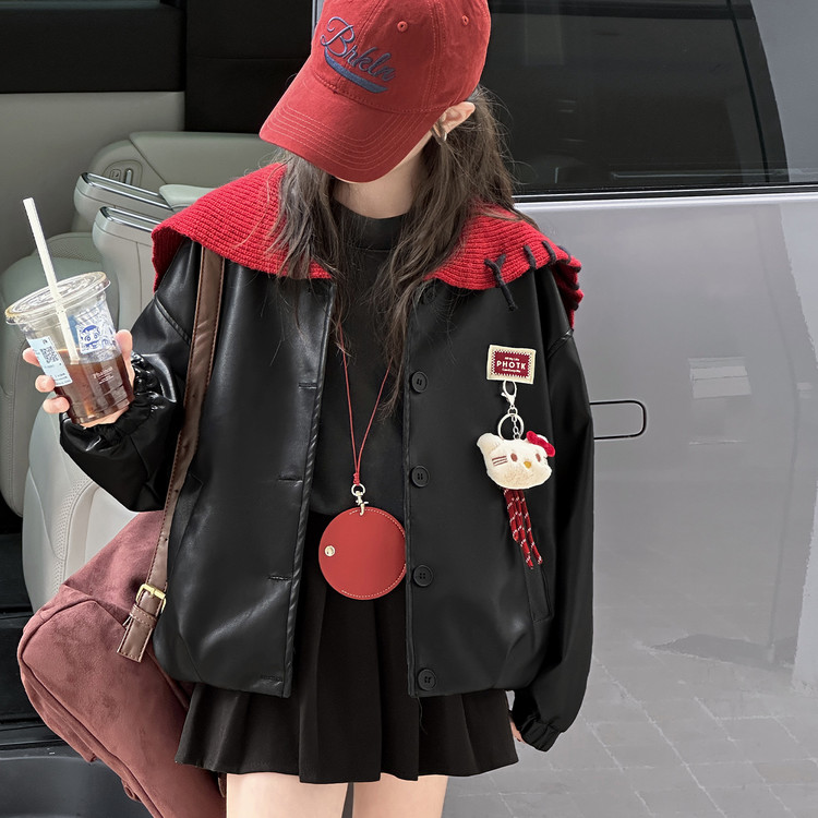 女童黑色PU海军领小个子皮衣