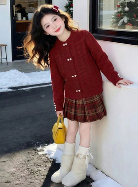 女童冬季韩版红色针织开衫格子百褶裙两件套洋气加厚学院风