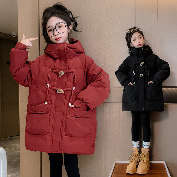 女童冬季加厚连帽牛角扣棉服
