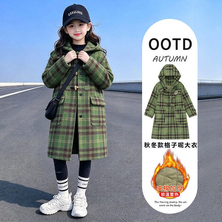 绿格子连帽加厚中长毛呢大衣女冬
