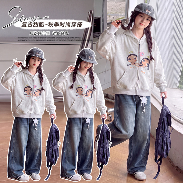 女童连帽拉链动物印花卫衣春秋