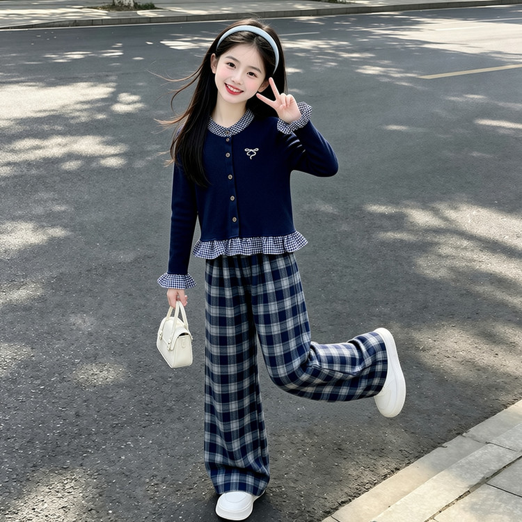 女童春季学院风假两件阔腿套装