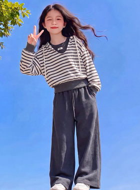 韩系条纹卫衣三件套女春秋宽松