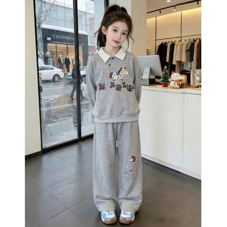 女童韩版卡通小马polo衫卫衣套装春季中大童两件套洋气时髦