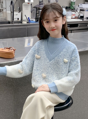 甜美可爱风立体花朵毛衣女童蓝色半高领加厚针织衫洋气上衣