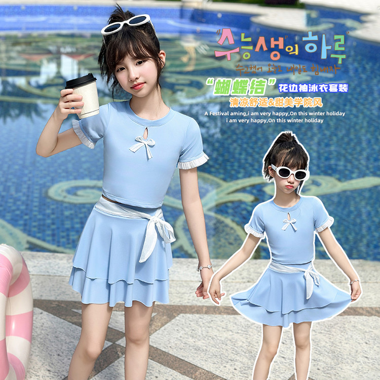 夏季女童学院风蝴蝶结连体泳衣