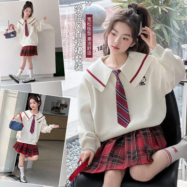 学院风春秋女假两件卫衣百褶裙套