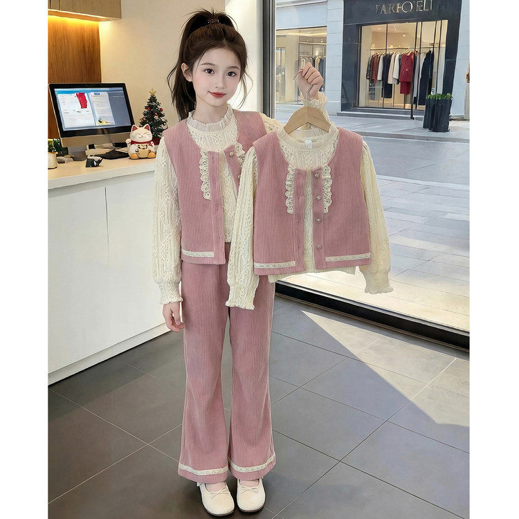 女童春季蕾丝拼接马甲三件套粉色甜美套装春秋款,童装/婴儿装/亲子装,套装,淘宝优惠券,粉丝福利购,淘宝优惠卷