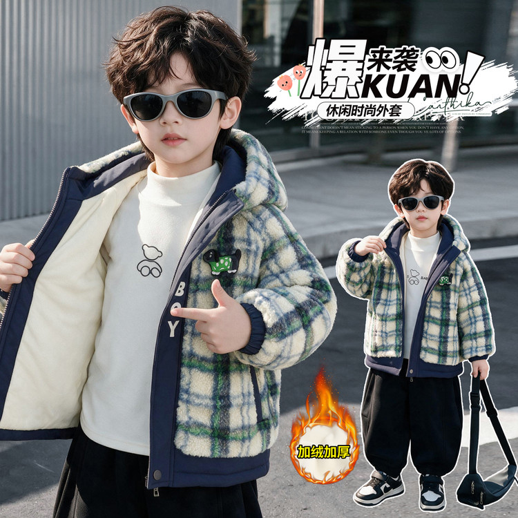 男童格子连帽加绒加厚毛呢外套