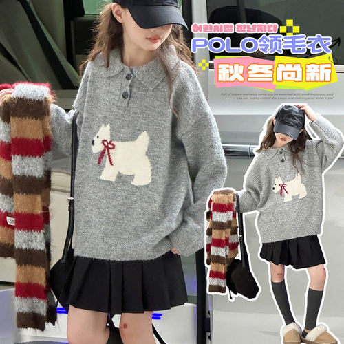 灰色POLO领小狗图案加厚毛衣女