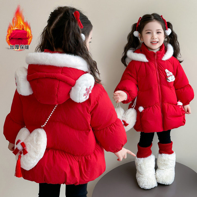 女童红色中长款羽绒服2025新款冬季加厚保暖洋气时髦棉衣外套