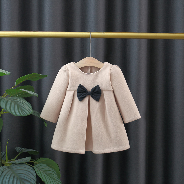 女童秋季长袖蝴蝶结公主裙米色