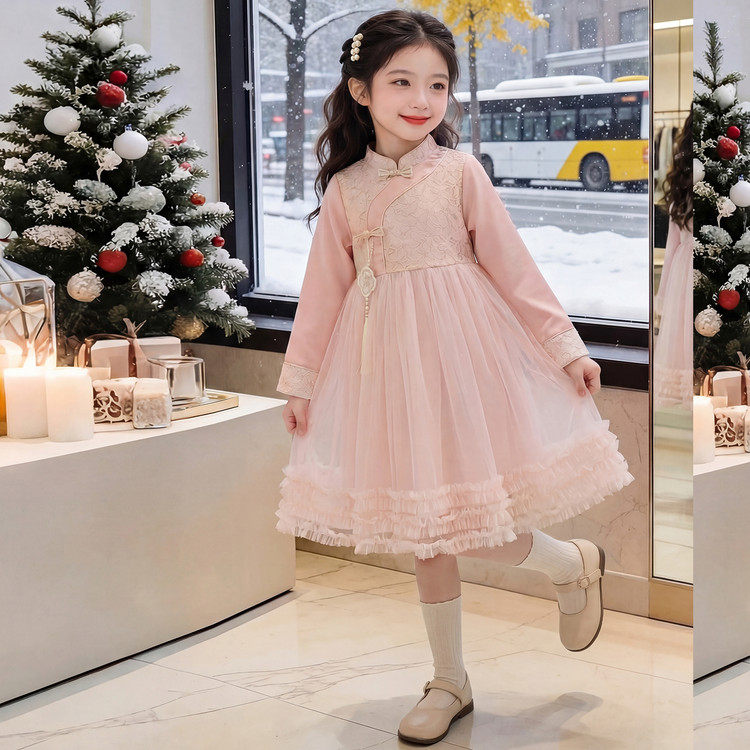 女童中国风唐装连衣裙春秋新款洋气公主裙中大童粉色绣花长袖裙,童装/婴儿装/亲子装,唐装,淘宝优惠券,粉丝福利购,淘宝优惠卷