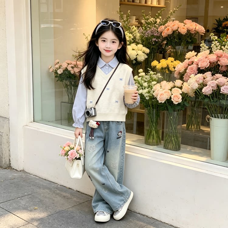 女童学院风假两件衬衫牛仔裤套装
