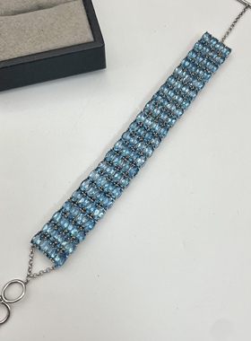 出口日本纯银镀铂金天然魔鬼蓝托帕石手链全净体宝石共65.48克拉