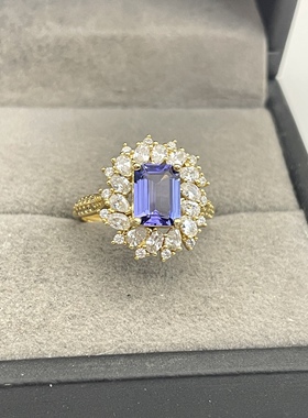 出口日本纯银镀金天然坦桑石开口戒指孤品镶金品质全净体2.26克拉