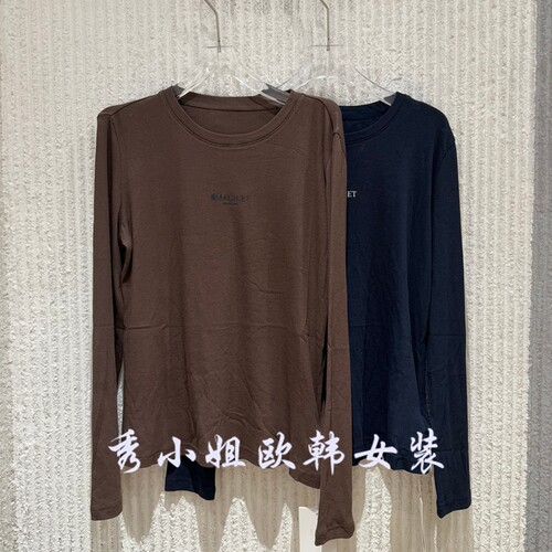 欧洲站2026秋新款休闲风圆领长袖T恤女修身全棉字母印花上衣3161
