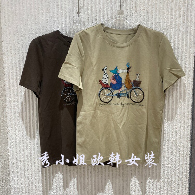 欧洲站2026夏新款卡通风圆领短袖T恤女自行车印花趣味图案上衣592