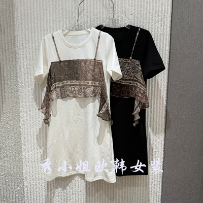 欧洲站2026夏新款法式印花拼接假两件连衣裙女短袖设计感18135