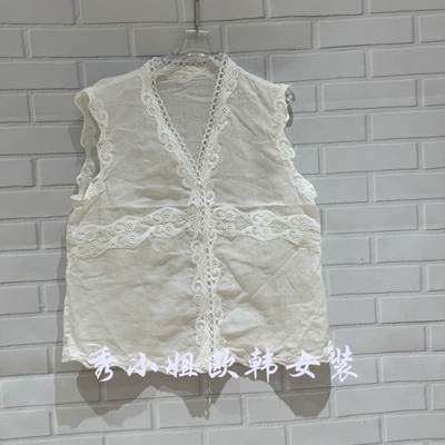 欧洲站2026夏季新款百搭净版v领单排扣蕾丝花边苎麻无袖马甲2178