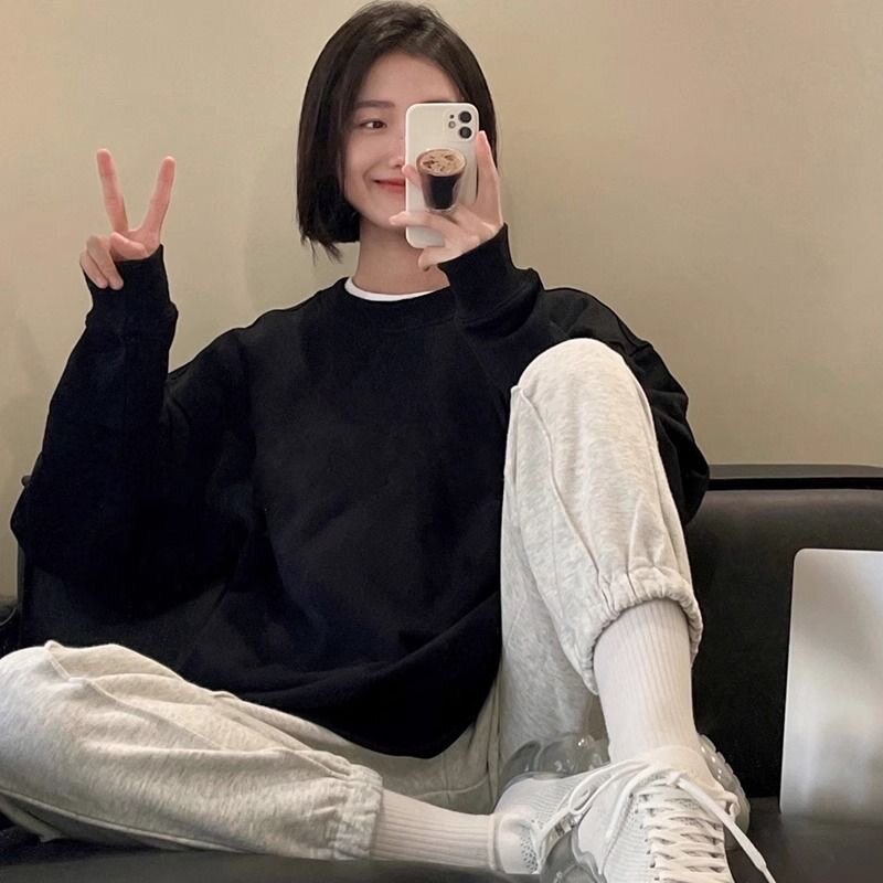 2025秋季圆领卫衣长袖T恤女黑色ins外穿打底衫韩版上衣服女长袖
