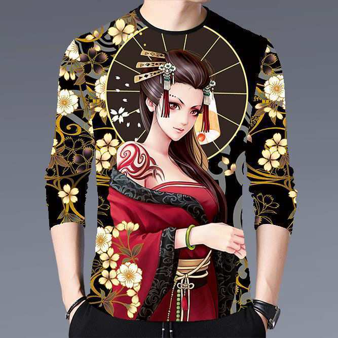 民族国风新款3D印花打底衫男上衣长袖圆领修身春装青少年款长恤