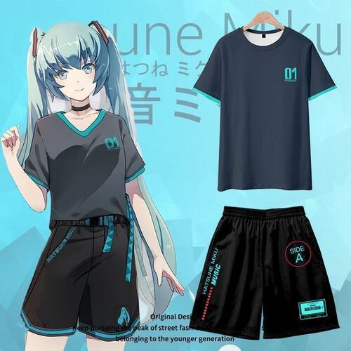 初音未来cos服印花短袖短裤套装