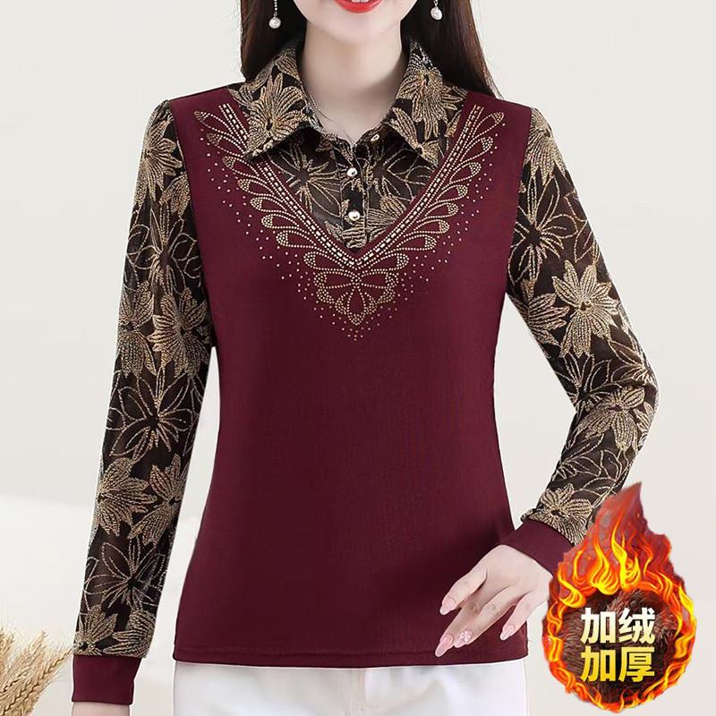 2025冬季加绒时尚T恤减龄长袖衬衫女拼接烫钻假两件显瘦打底衫女