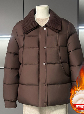 中老年妈妈装短款棉服女毛线领加绒加厚保暖棉袄外套大码修身棉衣