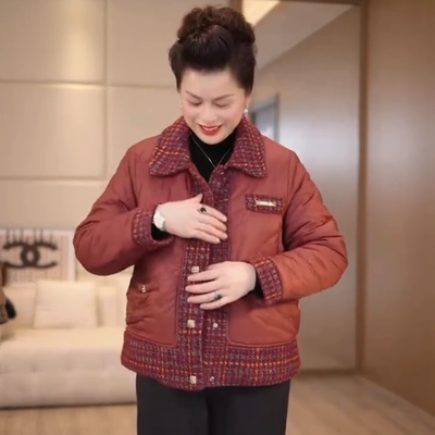 妈妈冬季羽绒棉服短款小香风棉衣2025新款中老年女装加绒加厚外套