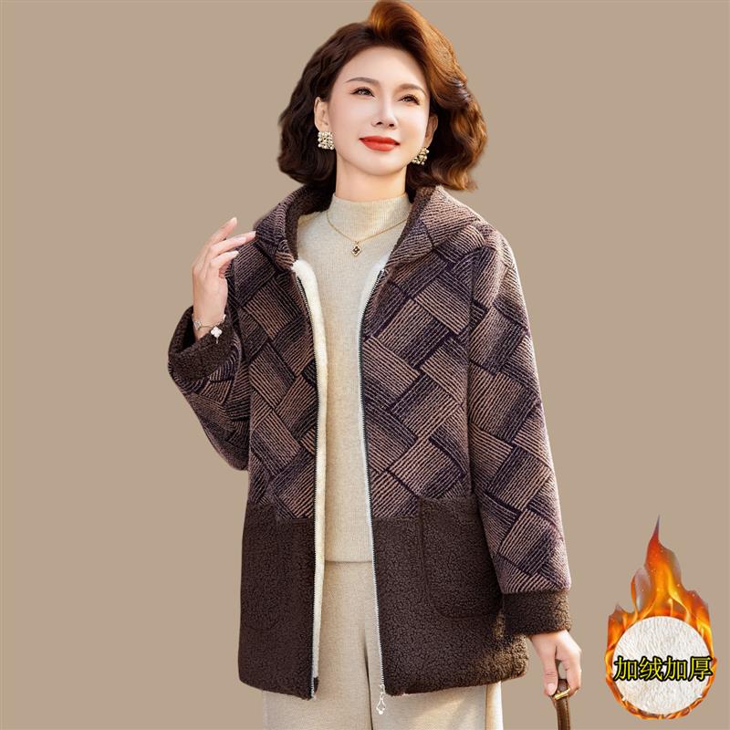 妈妈冬装仿水貂绒外套加厚毛呢子大衣洋气中老年人女冬季加绒棉衣