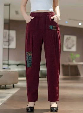 妈妈装灯芯绒时尚直筒长裤中老年女春秋款遮肉松紧腰休闲哈伦裤子