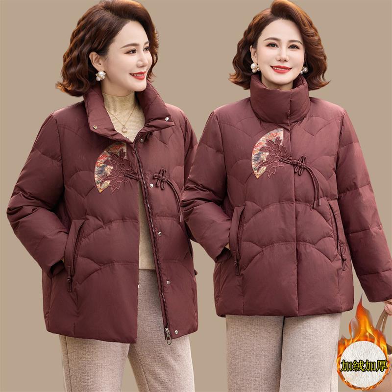 新中式妈妈冬装棉衣服外套短款加绒加厚中老年女冬季时尚保暖棉袄