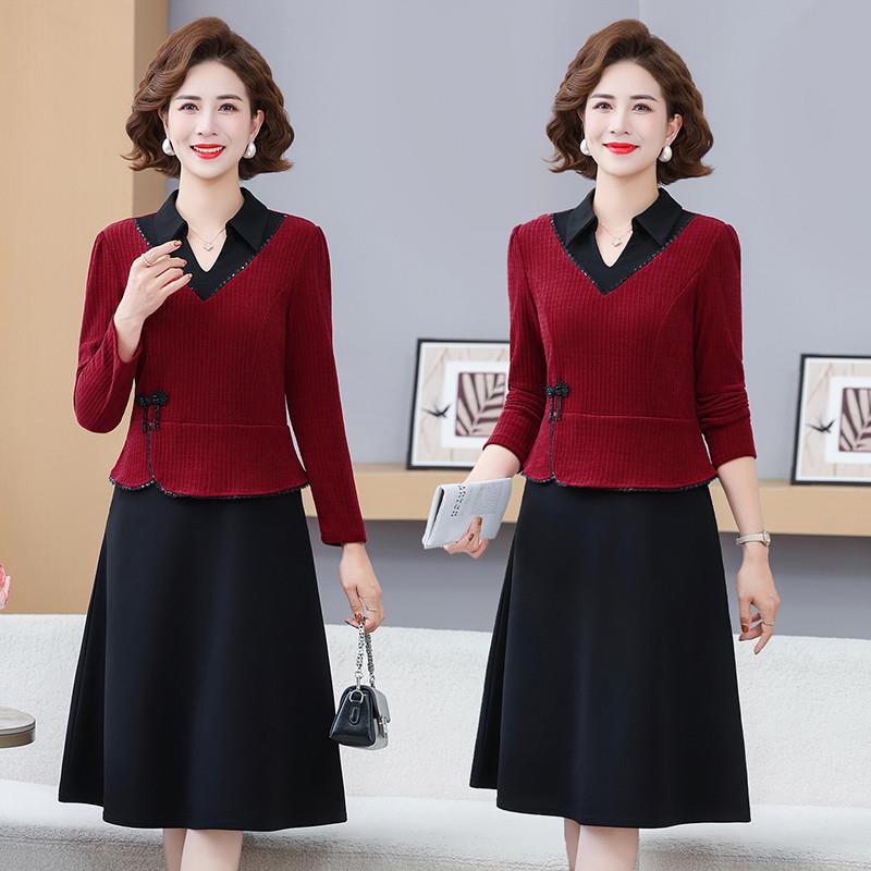 中老年女春秋薄长袖连衣裙中长款妈妈装时尚洋气假两件拼接A字裙