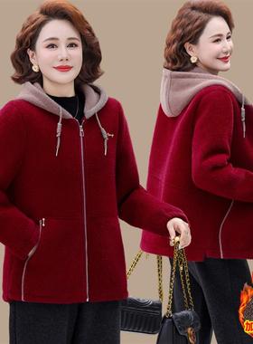 妈妈冬装水貂绒外套洋气加绒加厚连帽上衣新款中老年女毛呢大衣服