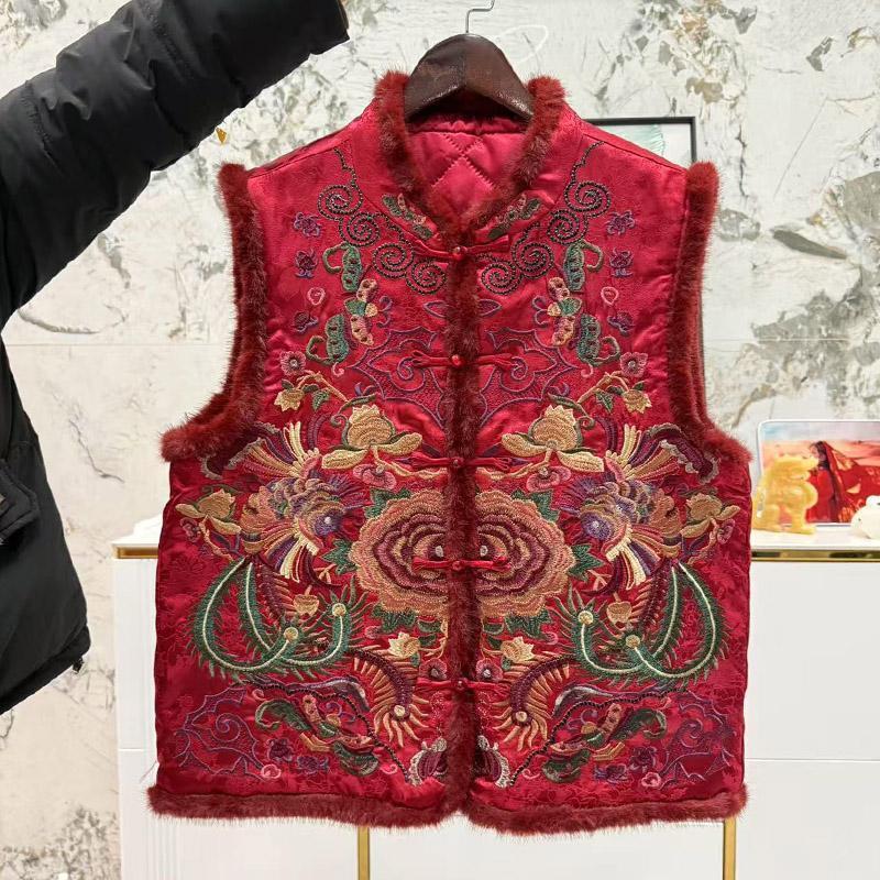 新中式国风马甲女冬季加绒加厚刺绣新年妈妈装唐装棉袄马夹背心女